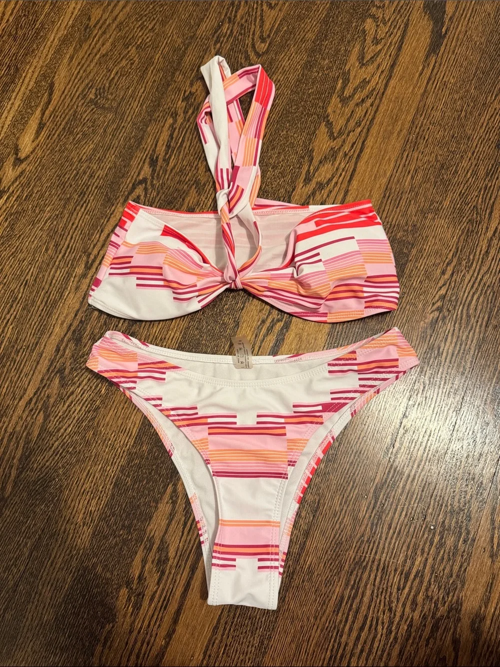 SHEIN Pink and Coral Striped Tie-Front Bikini